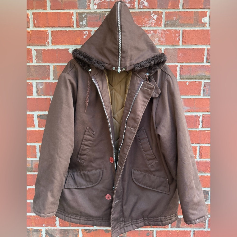 Vintage 1950’s B-9 PARKA Brown XL Military Coat w/ Split Fur Zippered Hood M8
